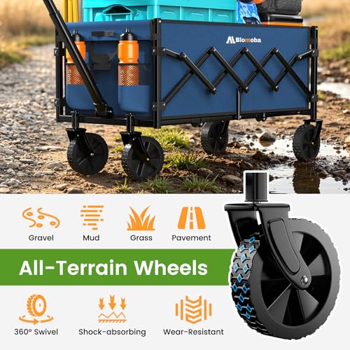 Blomoba 35" Extra Long Folding Wagon with Adjustable Handle & Wheels, Blue - color: Blue