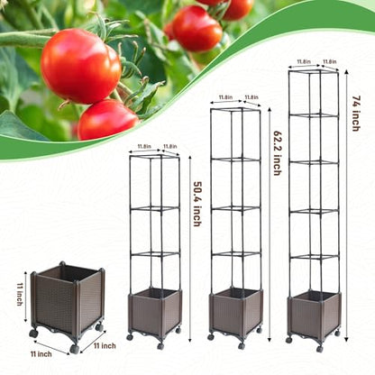 Quibbay Raised Garden Bed Planter Box with Trellis, 62.2" Self-Watering Tomato Planters for Climbing Plants Vine Flowers Outdoor Patio, Tomatoes Cage with Trellis Wheels for Outdoor, 1Pack - size: 4 Floors-11.8*11.8*62.2IN