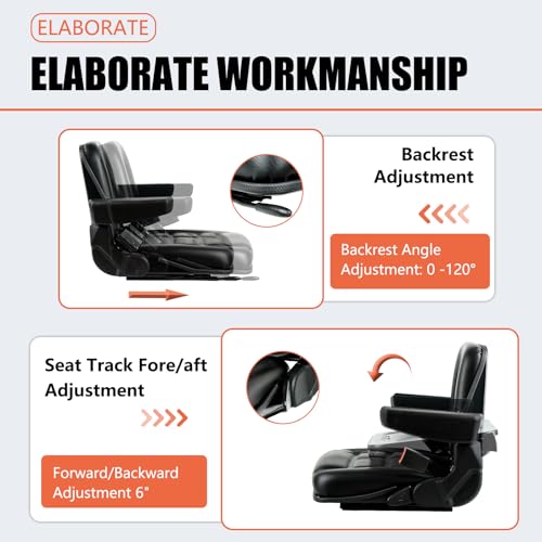 TICSEA Universal Forklift Seat, Tractor Seat with Adjustable Angle Back, Armrest And Safety Belt,for Tractor, Excavator Skid Loader Backhoe Dozer Telehandler