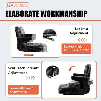 TICSEA Universal Forklift Seat, Tractor Seat with Adjustable Angle Back, Armrest And Safety Belt,for Tractor, Excavator Skid Loader Backhoe Dozer Telehandler