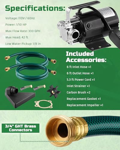 1/10HP Water Transfer Pump, Electric Utility Pump w/ 2x 6ft Garden Hose Kit