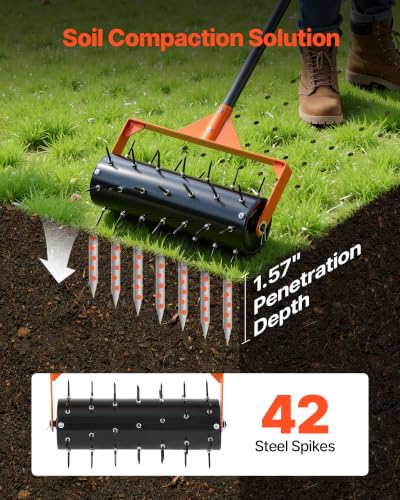 VEVOR Rolling Lawn Aerator, 15 in Manual Push Aerator Roller with 42 Spikes & 60 in Long Handle, Fillable Drum for Added Weight, Heavy-Duty Lawn Soil Penetrator for Garden Yard Compacted Soils - size: 15-inch, style: Rolling