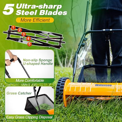 Walensee 16-Inch 5-Blade Push Reel Lawn Mower, Cordless Manual Reel Lawn Mower Walk-Behind Steel Lawn Mowers with Removable 7.9-Gallon Grass Catcher, Sponge Grip, 4-Position Cutting Height Adjustment - size: 16-Inch With Catcher