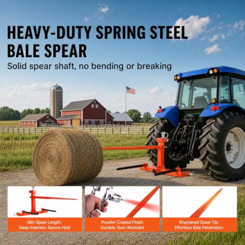 Garvee 49" Hay Spear, Bale Spears 1600lbs Loading Capacity, Three-Point Hitch Tractor Attachment with 2pcs 17.5" Stabilizer Spears, Quick Attach Spike Forks - size: 49"