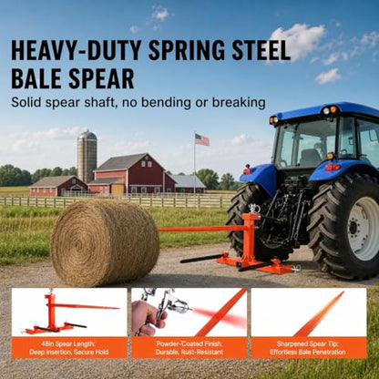 Garvee 49" Hay Spear, Bale Spears 1600lbs Loading Capacity, Three-Point Hitch Tractor Attachment with 2pcs 17.5" Stabilizer Spears, Quick Attach Spike Forks - size: 49"