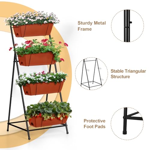 4 Tier Vertical Raised Garden Bed Planters for Outdoor Plants Herb Garden Planter with Drainage Holes Standing Garden Planters for Herbs Flowers Vegetables Plants (Brick Red) - color: Brick Red