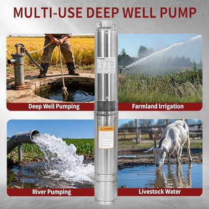 1HP Deep Well Submersible Pump 115V/60Hz, 34GPM, 196ft Head, with 33ft Cable, Stainless Steel Water Well Pump for 4'' Deep Well, Industrial, Irrigation and Home Use Submersible Well Pumps - color: Silver