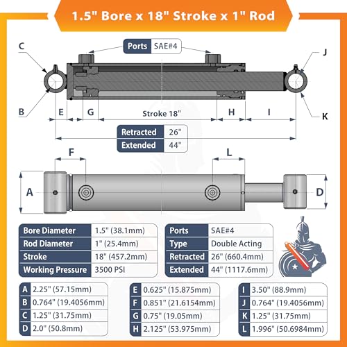 1.5x18 Hydraulic Cylinder - 1.5" Bore 18" Stroke Double Acting Welded Cross Tube Hydraulic Cylinder 3500 PSI Retracted: 26, Extended: 44,SAE#4 - size: 1.5x18
