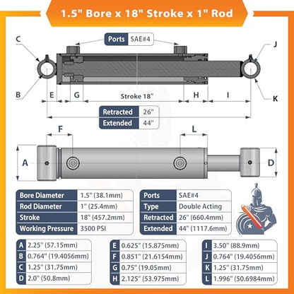 1.5x18 Hydraulic Cylinder - 1.5" Bore 18" Stroke Double Acting Welded Cross Tube Hydraulic Cylinder 3500 PSI Retracted: 26, Extended: 44,SAE#4 - size: 1.5x18