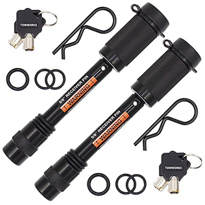 TowWorks 79632 Keyed Alike 5/8" Trailer Hitch Lock Set with Extra Long 3-1/4" Span, Double Safety Tow Hitch Receiver Locking Pin for Class III IV Hitches with 2" and 2.5" Receivers, 2-Pack - color: Black 2pcs 5/8" Keyed Alike