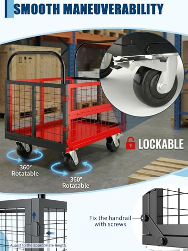 GarveeTech Platform Truck with Cage, 6-in-1 Multi-Purpose Flatbed Cart - color: Black+red