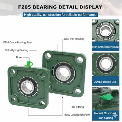 UCF209 (45mm) Bore 4-Bolt Square Flange Bearing Unit, Self-Aligning Mounted Bearing, Cast Iron Housing, Set Screw Lock