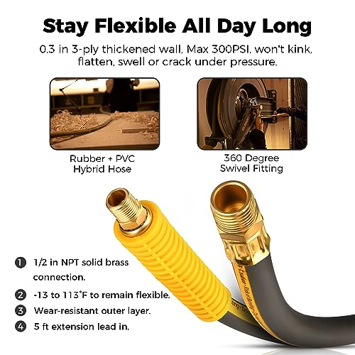 GLAHODEN Double Arm Air Hose Reel 50 ft Retractable, 1/2 in Hybrid Hose Heavy Duty Steel Professional Air Compressor Hose Reel with 5 ft Lead in Max 300PSI Auto Rewind Quick Coupler Swivel Fitting - size: 1/2" 50FT