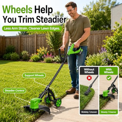 14" Walk Behind String Trimmer with Wheels, Cordless Weed Wacker