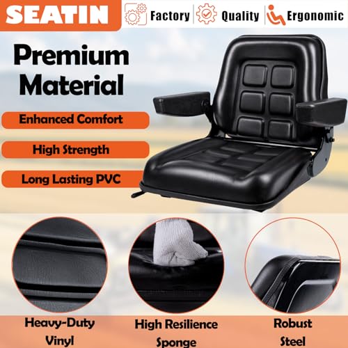 SEATIN Universal Forklift Seat with Adjustable Mounting Holes, Armrests & Micro Switch – Foldable Tractor Seat for Mowers,Skid Steer Loaders,Backhoe,Telehandler (with armrest)