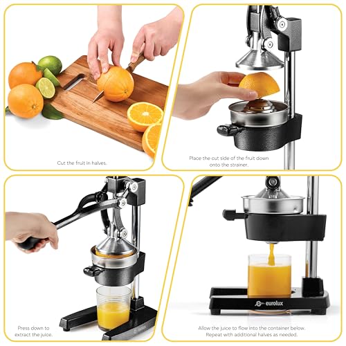 Eurolux Ultra-Premium Cast Iron Juicer | Extra-Large, Heavy Duty, Commercial Grade, Stainless Steel Manual Hand Press Citrus Squeezer For Fresh Orange Juice, Pomegranate, Lemon, and Much More (Black) - color: Black