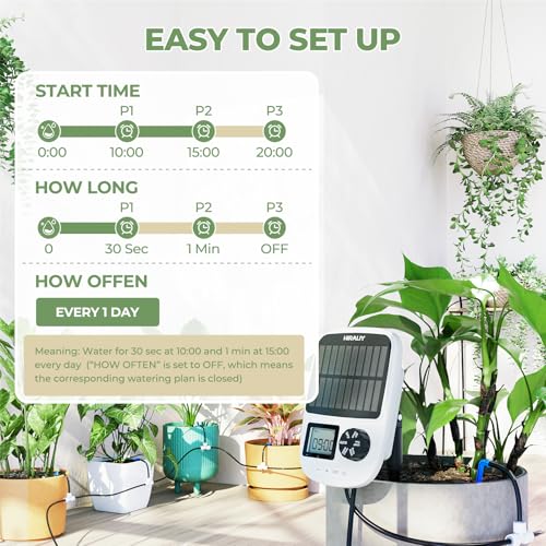 HIRALIY Solar Automatic Drip Irrigation System, Solar Powered Watering Device with Timer for Pots Plants, Drip Emitter Stake, with USB Port, for Indoor Irrigation Kit