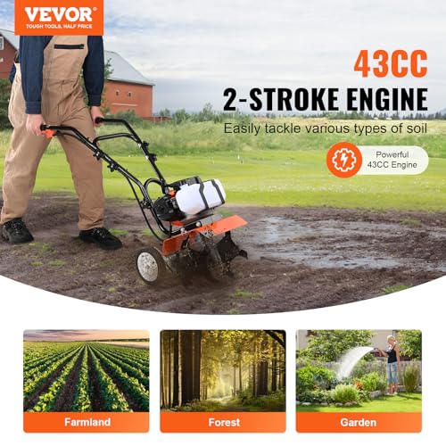 VEVOR Tiller Cultivator Gas Powered, 43CC 2-Stroke Garden Cultivator, Tiller with 4 Steel Adjustable Front Tines for Lawn, Garden and Field Soil Cultivation - size: 43CC,2-Stroke