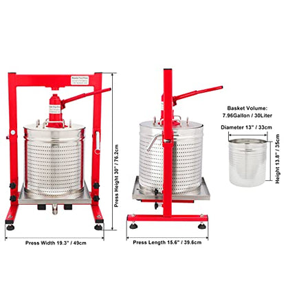 7.93 Gallon / 30L Mosakar Hydraulic Fruit Press. 3 Ton Pressure. Parts contact with Juice are AISI 304 Stainless Steel. Hydraulic Apple Grape Wine Cider Juice Press