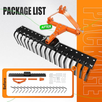 KUAFU 50" 3 Point Landscape Rock Rake for Category-0 Cat-0 Tractor with - style: Orange