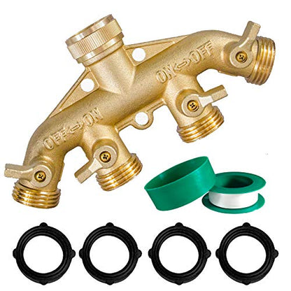 Hourleey Brass Garden Hose Splitter (4 Way), Solid Brass Hose Connector 3/4", Hose Spigot Adapter 4 Valves with 4 Extra Rubber Washers - size: 1 Pack - 4 Way