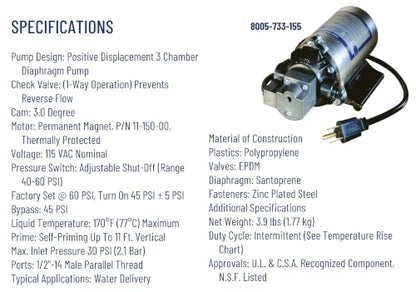 PENTAIR SHURFLO 8005-733-155 Delivery Pump, High Pressure Diaphragm Pump