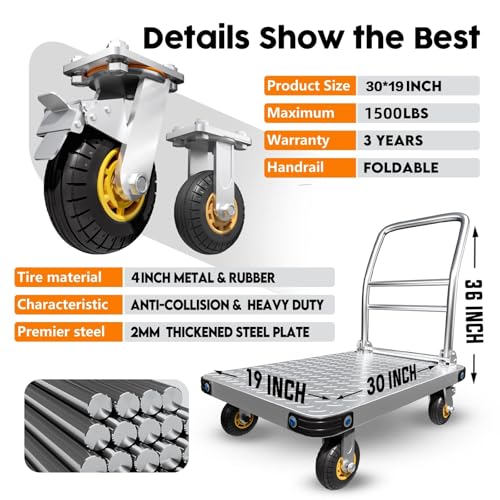 Lomive Heavy Duty Platform Truck Flat Moving Cart Hand Trucks, 1500Lbs Steel Push Cart Dolly, 30 x 19in Large Flatbed with 4'' 360 Degree Swivel Wheels for Easy Storage - size: 30" L X 19" W