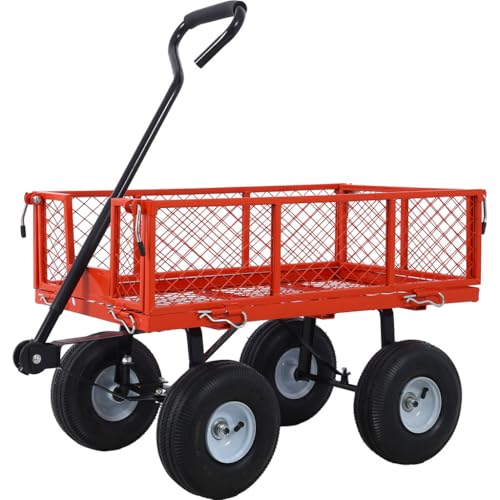 Steel Garden Cart, 550 lbs Capacity Heavy Duty Garden Wagons with Removable Steel Mesh, Sides to Convert Into Flatbed, Folding Utility Heavy Duty Wagons Carts for Yard, Garden, Farm,Red