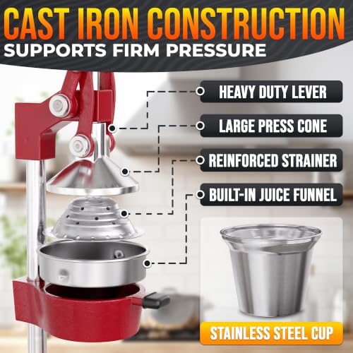 Cast Iron Juicer Hand Press, Heavy-Duty Squeezer (Red) - color: Red