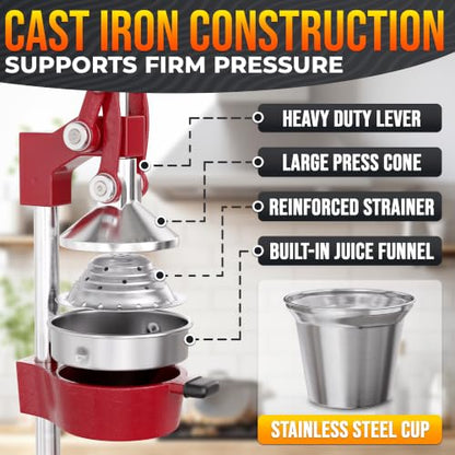 Cast Iron Juicer Hand Press, Heavy-Duty Squeezer (Red) - color: Red