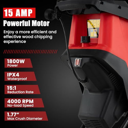 Goplus 15-AMP Electric Wood Chipper, Wood Shredder with Wheels, Safety Locking Knob, Collection Bag, 1.77 Inches Cutting Diameter, Max 15:1 Reduction