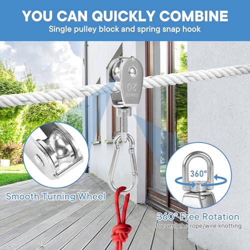 2X 304 Stainless Steel M20 Single Swivel Rope Pulley Blocks with Snap Hooks - size: M20-2pcs