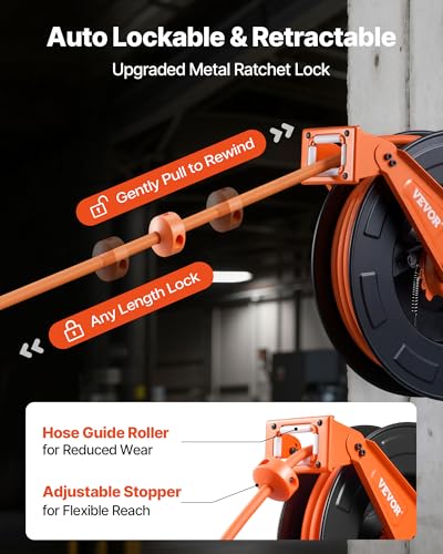 VEVOR Retractable Air Hose Reel, 3/8 Inch x 50 FT Rubber Air Hose Max 300PSI, Auto Rewind Air-Compressor Hoses Reel with 5 ft Lead in, Ceiling/Wall Mount Heavy Duty Steel Double Arm - size: 3/8 in x 50 ft