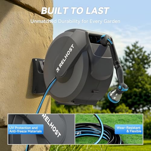 Retractable Garden Hose Reel, 1/2 in x 100 ft Wall Mount Heavy Duty Hose Reel with Any-Length Lock, Auto Rewind System, 180° Swivel Bracket, and 10-Pattern Nozzle for Garden, Dark Grey - color: Dark Grey, size: 100FT