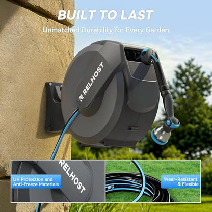 Retractable Garden Hose Reel, 1/2 in x 100 ft Wall Mount Heavy Duty Hose Reel with Any-Length Lock, Auto Rewind System, 180° Swivel Bracket, and 10-Pattern Nozzle for Garden, Dark Grey - color: Dark Grey, size: 100FT