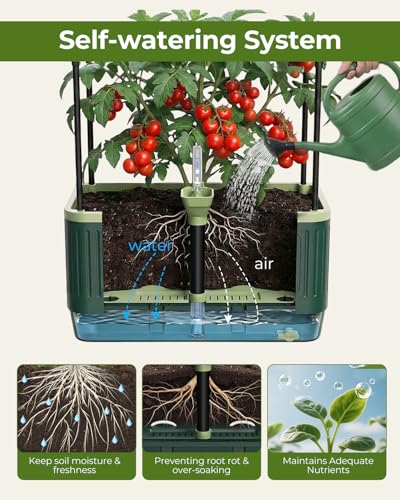 Raised Garden Bed Planter Box with Trellis, Self Watering Tomato Planters for Climbing Plants, Tomato Cage Trellis for Vegetables & Vine Flowers Indoor Outdoor Patio (Dark Green, 51.2In(2PCS)) - size: 51.2In(2PCS)