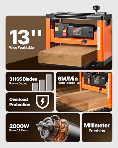 VEVOR 13-Inch Thickness Planer Three-Blade Power Benchtop Planer 2000W - color: Single Speed 3 Blade