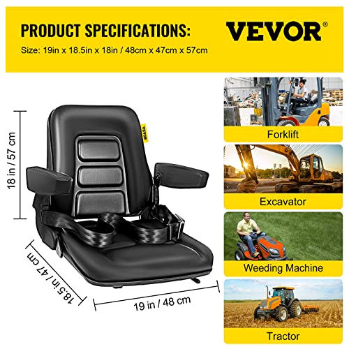 Bestauto Universal Fold Down Forklift Seat with Retractable Safety Belt, Armrest,Adjustable Seat for Excavator, Forklift, Tractor, Skid Loader, Backhoe Dozer Telehandler