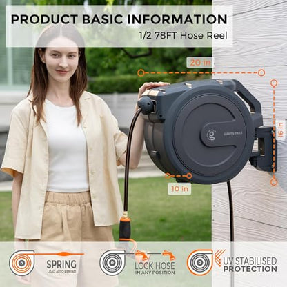 Giraffe Tools Retractable Garden Hose Reel 1/2"78FT Wall Mount Auto Rewind - size: 1/ 2"78 ft
