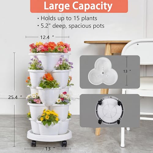 VECELO 5 Tier Vertical Garden Planter, Self Watering Stackable Planters with Wheels for Strawberries, Herbs, Flowers, Vegetables, White - color: White, size: 5 Tier