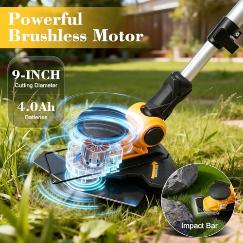 21V Cordless String Trimmer, Brushless Weed Wacker 4-in-1 Lawn Tool - color: Yellow