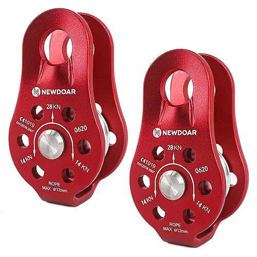 NewDoar Fixed Plate Micro Pulley,28KN CE Certified General Purpose Small Aluminum Rope Pulleys for Climbing/Aloft Work/Rappelling/Rescue Etc - color: Pack of 2(28KN Pulley Red)