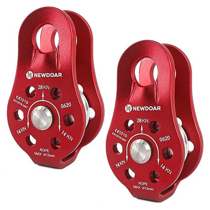 NewDoar Fixed Plate Micro Pulley,28KN CE Certified General Purpose Small Aluminum Rope Pulleys for Climbing/Aloft Work/Rappelling/Rescue Etc - color: Pack of 2(28KN Pulley Red)