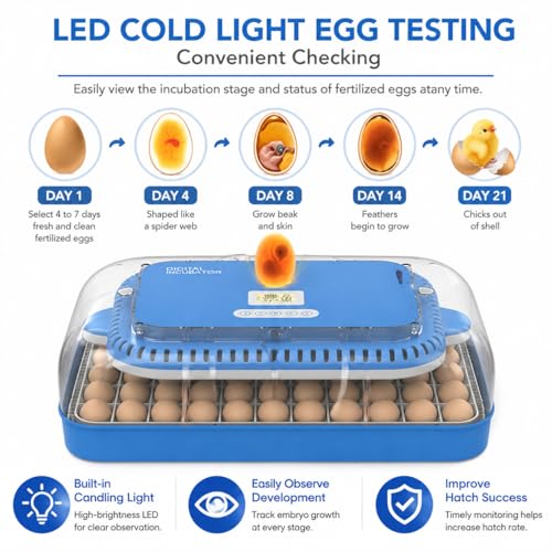 70 Egg Incubator for Hatching Eggs withAuto Turn, Temp & Humidity Control, Built-in CandleLarge Capacity Egg Incubator for Chicken Duck Goose Eggs
