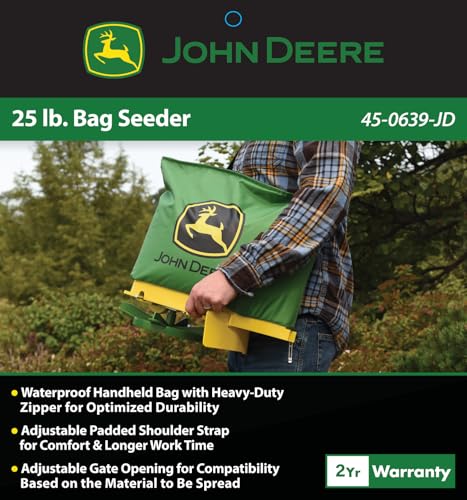 John Deere 25 lb Handheld Bag Seeder Spreader with Waterproof Bag, Enclosed Gears, Adjustable Shoulder Strap, Rear Baffle
