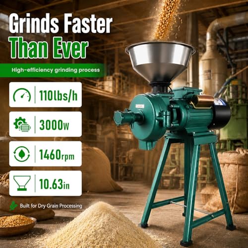 Commercial Electric Grain Grinder 3000W, High-Speed Grain Mill, Heavy-Duty Molino Para Moler Maiz, Suitable For Corn, Wheat, Spices, Red Beans, Rice, Dry Grains, Ideal For Farm, Home, Restaurant