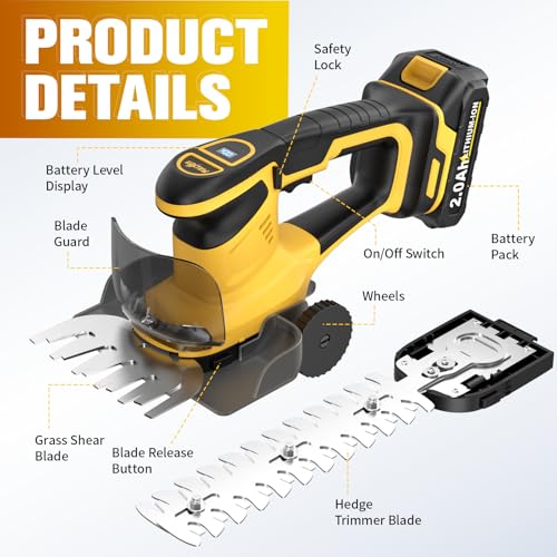 FULLYEA Hedge Trimmer Cordless, 2-in-1 Grass Shears with 2*2.0Ah Batteries