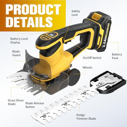 FULLYEA Hedge Trimmer Cordless, 2-in-1 Grass Shears with 2*2.0Ah Batteries