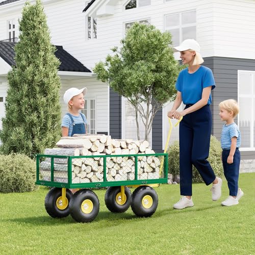 Heavy Duty 900 Lbs Capacity Mesh Steel Garden Cart Folding Utility Wagon with Removable Sides & 180° Rotating Handle for Garden, Lawn, Warehouse, Farm - color: 900lbs Green + Yellow