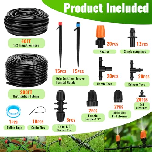 240FT Drip Irrigation System with with 1/2'' 1/4'' Tubing Hose